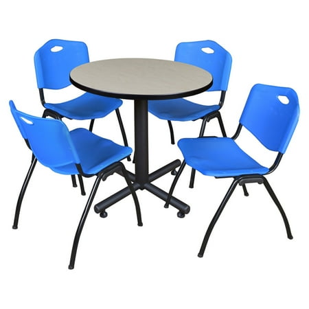 Kobe 36" Maple Round Breakroom Table and 4 'M' Stack Chairs, Multiple Colors