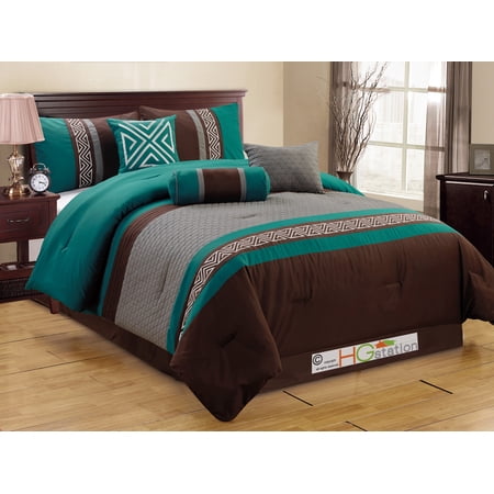 7-Pc Embroidery Quilted Triangle Meander Greek Key Pleated Comforter Set King Teal Blue Gray Brown