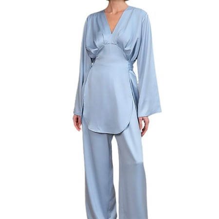Hanerdun Womens Pajamas Set V-neck Satin Long Sleeve Sleepwear 2 Piece Set Blue M
Hanerdun Womens Pajamas Set V-neck Satin Long Sleeve Sleepwear 2 Piece Set Blue M