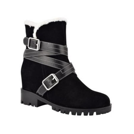 Women s Davyd Demi Wedge Buckle Detailing Faux Fur Booties
