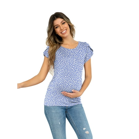 

CALIPESSA Womens Summer Petal Sleeve Polka Dot Maternity Blouses Casual Scoop Neck Short Sleeve Tunic Tops