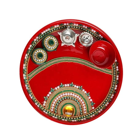 

Handcrafted Red Pooja Thali Platter Engagement Plate Decorative Steel Thali with Essential Articles Attached for Aarti Pooja Rituals Festival Wedding Decorations &Gifting (Size- 9 )