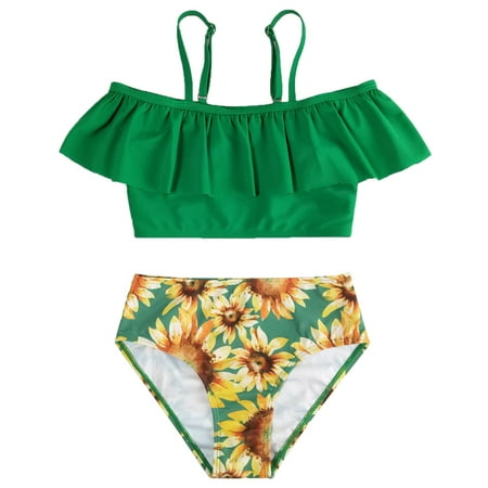 

Girls Swimsuits Two Piece Size 160 For 13 Years-14 Years Ruffles Swimwear Outfits Hollow Bikini Summer Set Sunflower Print Ruffle Hem Bikini Bathing Suits For Girls Padded
