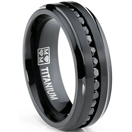 Black Titanium Men's Eternity Engagement Wedding Band Ring with Black Cubic Zirconia, 7mm