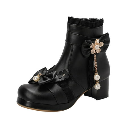 

ZHAGHMIN Black Boot Heels For Women Ladies Fashion Solid Color Leather Bowknot Beaded Tassel Thick Heel Short Boots Women Lace Up Boots Lace Up Boots For Women Lace Up Boots For Women Heel Womens Bo