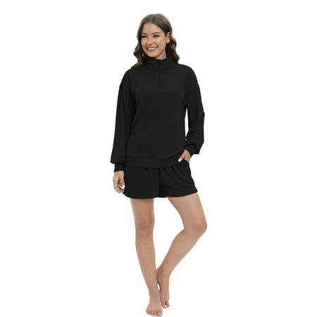 Xinhuaya Women Lounge Sets -Casual Long Sleeve and Shorts Pajama Set Two Piece Outfits for Women Sweatsuits Loungewear