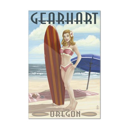 Gearhart, Oregon - Surfer Pinup Girl - Lantern Press Poster (8x12 Acrylic Wall Art Gallery Quality)