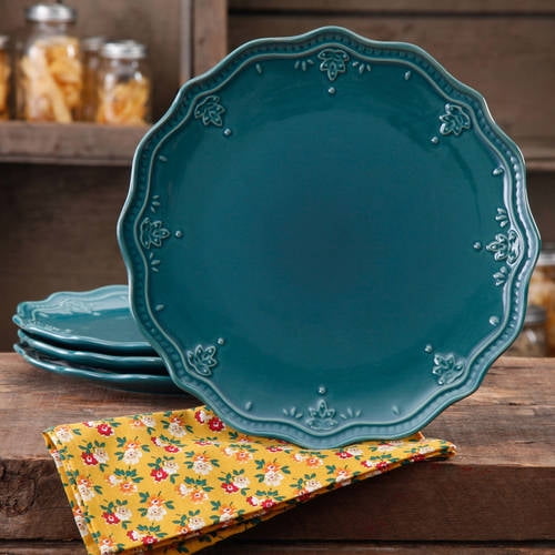 The Pioneer Woman Farmhouse Lace 4-Piece Dinner Plate Set, Ocean Teal