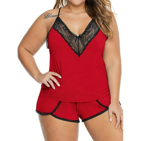 Joinnvt Women s Sleeveless Lace V Neck Two Piece Plus Size Pajamas Nightgown