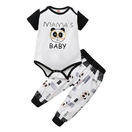 18 Months Baby Boy Casual Outfits Pants Sets 24 Months Short Sleeve Panda Prints Romper Tops Elastic Panda Pants 2PCS Set Black