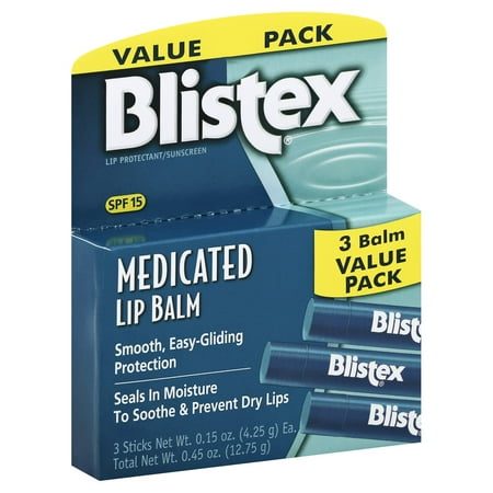 Blistex Medicated Lip Balm 3 Pack, Sun Protection SPF 15, Heals Dry and Chapped Lips, 3 Sticks