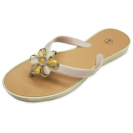101 BEACH Embellished Jewel Flower Strap Ladies Sandals Tan S