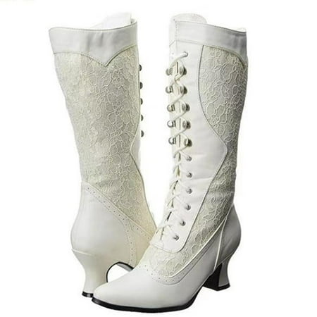 Women s High Heeled Boots Fashion Lace Pointed Toe Shoes Side Zip Mid-Tube Boots White