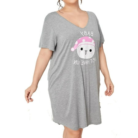 

Casual Slogan V neck Sleepshirts Light Grey Short Sleeve Plus Size Nightgowns & Sleepshirts