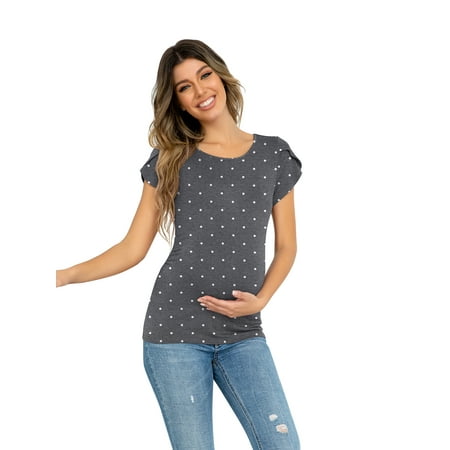 

CALIPESSA Womens Summer Petal Sleeve Polka Dot Maternity Blouses Casual Scoop Neck Short Sleeve Tunic Tops