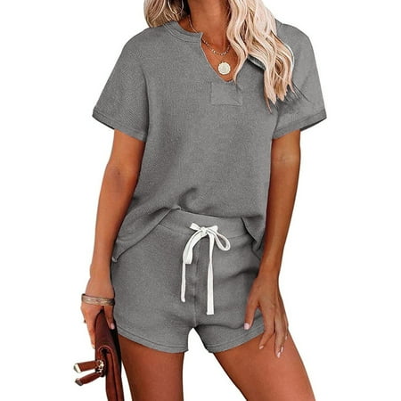 Pj Set for Women Summer Loungewear Regular-Fit Solid Short Sleeve V-Neck Tee Shirts Drawstring Shorts Lounge Set Pajamas Sets
Pj Set for Women Summer Loungewear Regular-Fit Solid Short Sleeve V-Neck Tee Shirts Drawstring Shorts Lounge Set Pajamas Sets