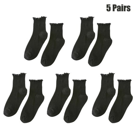 5 Pairs Women Ankle Socks Ruffle Turn-Cuff Casual Cotton Socks Casual Socks