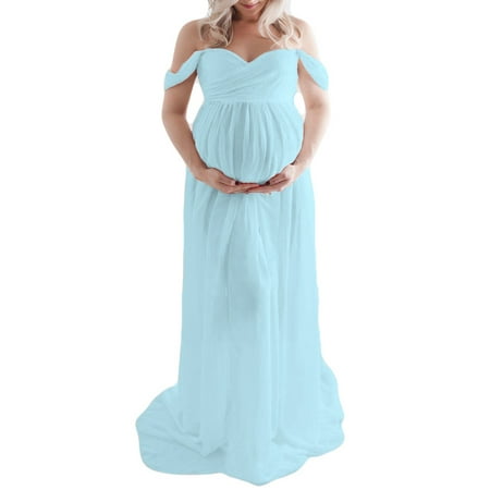 

Xsylife Maternity Dresses for Photoshoot Women Off Shoulder Chiffon Lace Gown Split Front Maxi Photography Dresses