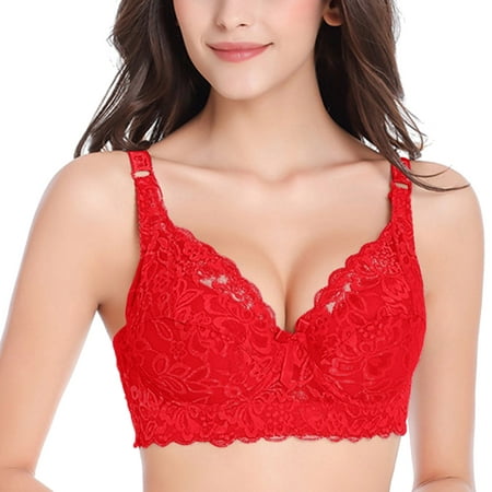 

LowProfile Push Up Bra for Women Lace Gathered Straps Breast Cup Underwear (no Underwire) Bras Red 80D