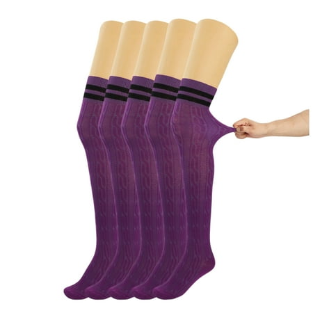 Thigh High Long Knitted Socks for Women with Striped Purple Over The Knee Socks 5 Pairs