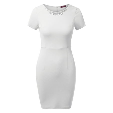 Doublju Womens Short Sleeve Bejeweled Fitted Bodycon Midi Dress