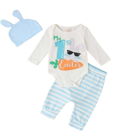 Baby Girl Boy Easter Outfit My First Easter Romper Bodysuit Stripe Bunny Long Pant with Pompoms Tail Hat Set
Baby Girl Boy Easter Outfit My First Easter Romper Bodysuit Stripe Bunny Long Pant with Pompoms Tail Hat Set