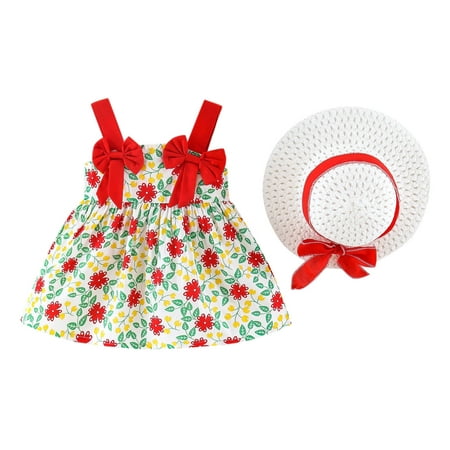 

Wiueurtly Baby Girls 6M-3Y Sleeveless Bowknot Floral Printed Suspenders Princess Dress Hat Set Rainbow Dress Size 6