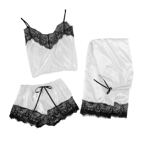 Women Stain Lace Silk Lingerie Nightdress Pajamas Camisole Trousers Sleepwear