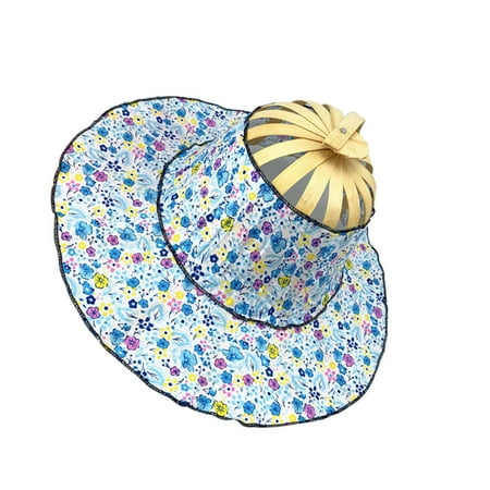 Bamboo Foldable Hand Fan Sun Hat Adjustable Hat to Handheld Folding Fan For Traveling Outdoor Blue