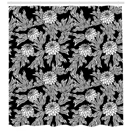 Aster Shower Curtain, Retro Composition of Spring Blooms with Foliage Monochrome Countryside Flora, Fabric Bathroom Set with Hooks, 69W X 70L Inches, Black and White, by Ambesonne