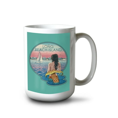 15 fl oz Ceramic Mug Long Beach Island New Jersey Mermaid and Beach Woodblock Contour Dishwasher & Microwave Safe