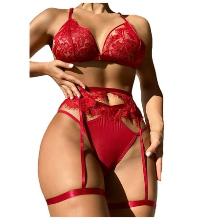 

Hfyihgf 3 Piece Women Lace Matching Lingerie Set with Garter Belts Teddy Babydoll Strappy Bra and Panty Sheer Mesh Bodysuit Set(Red M)