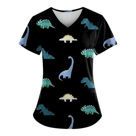 

Sksloeg Scrub Top For Women Summer Cartoon Printed Animal Dinosaur Patterned Tops Nursing Working Uniform Short Sleeve T-Shirts With Pockets Black S
