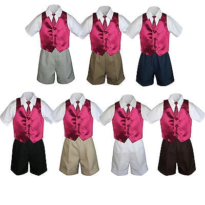 4pc Set Boy Toddler Formal Burgundy Vest and Necktie Black Khaki Shorts S-4T