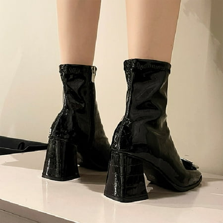 Cathalem Womens Lace up Boots Flat Booties Fashion Rome Ultra Solid High Thin Heel Shoes Elegant Buckle Strap Zipper Women Shoes Black 7