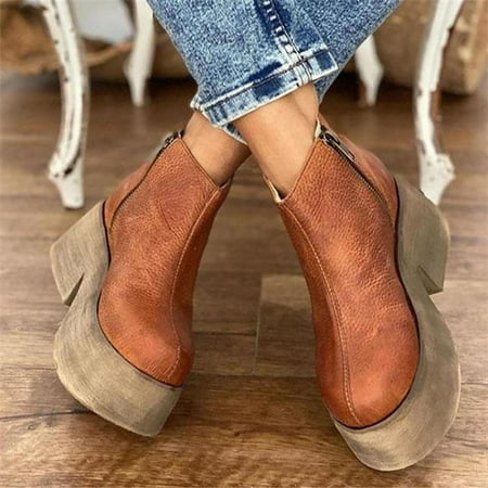 Boots for Women Rollback or Clearance VEKDONE Short Boots Women s British Thick-soled Mid-heel Round Toe Retro Polished Women s Boots Low-top Nude Boots