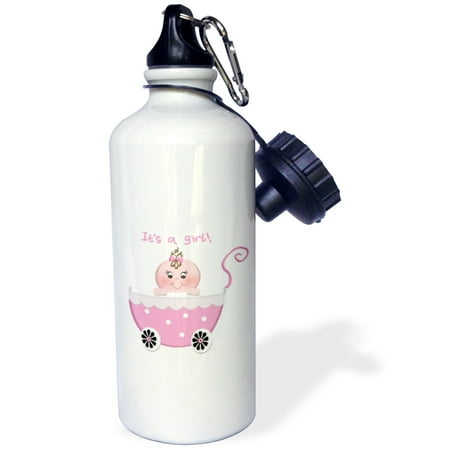 3dRose Cute Pink Polka dot Its a Girl Baby Buggy Stroller, Sports Water Bottle, 21oz
