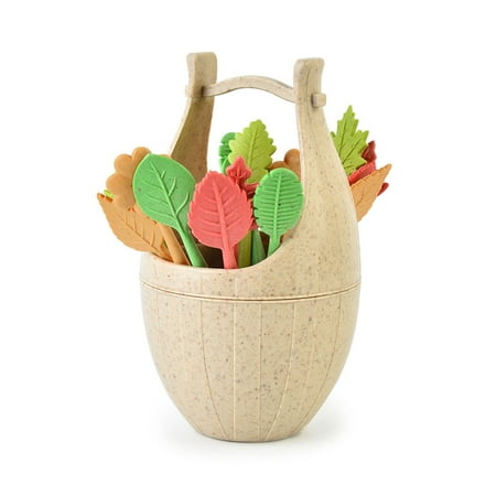 Mini Wooden Barrel with Leaf Shape Small Fork Salad Forks Fruit Forks Durable