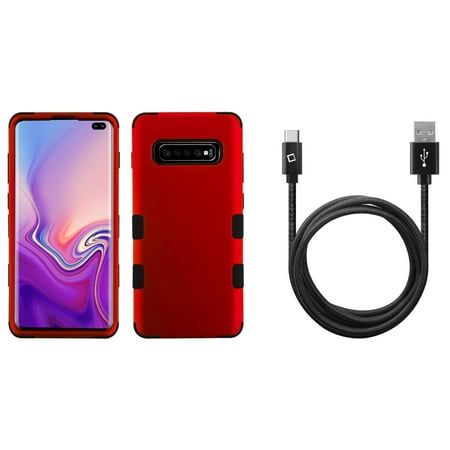 TUFF Hybrid Series Case for Galaxy S10+ Plus Bundle with Military Grade Certified Phone Protector Cover (Red), USB Type-C Sync Charger Cable (10 Feet) and Atom Cloth