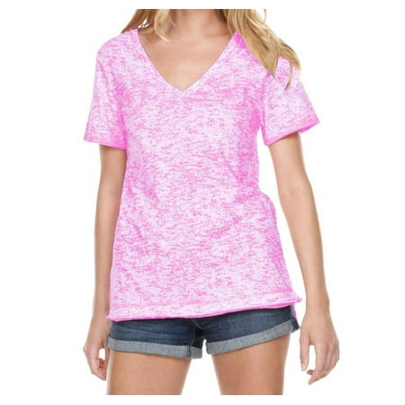 Kavio Women Static Jersey Print V Neck High Low Top WJP0652 - Pink Flash - 2X-Large