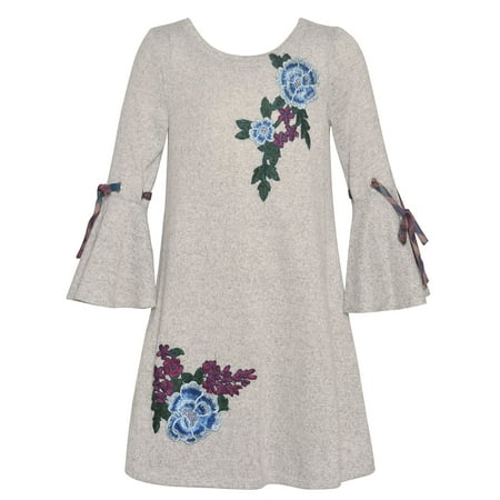 Bonnie Jean Girls Gray Long Sleeve Floral Embroidered Fall Dress