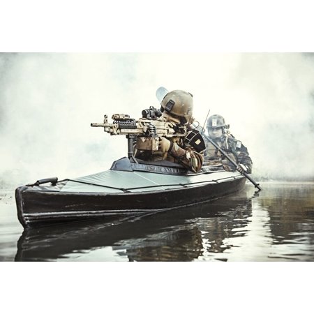 Special forces operator armed with machine gun, paddling Army kayak through river fog. Poster Print by Oleg Zabielin/Sto