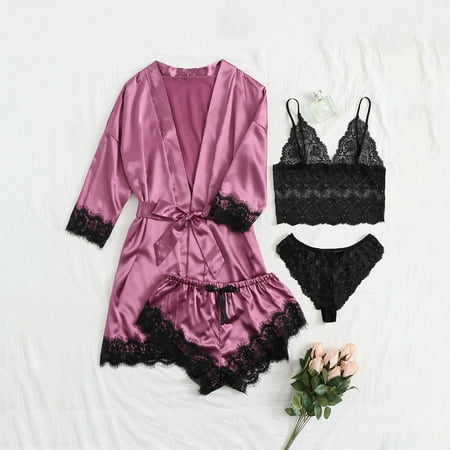 Honeeladyy Women Lace Satin Wireless Bra Camisole Shorts Pajamas Robe Four Piece Set sexy sets for women
Honeeladyy Women Lace Satin Wireless Bra Camisole Shorts Pajamas Robe Four Piece Set sexy sets for women