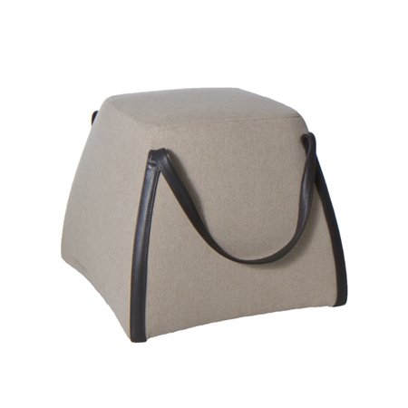 Cortesi Home Beige Fabric With Genuine Leather Handles Purse Ottoman