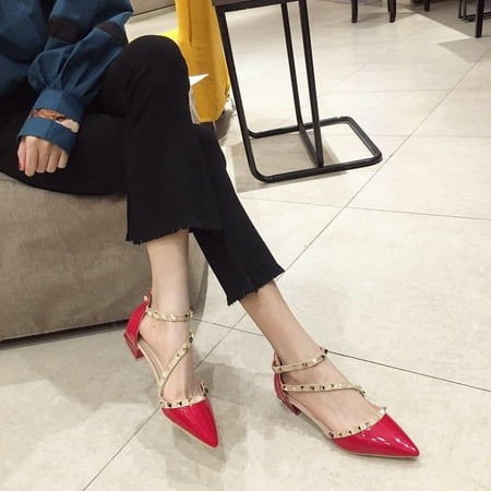 Women‘s Ankle Rivet Strap Chunky Low Heels Fashion Pointed Toe Buckle Sandals Women‘s Footwear