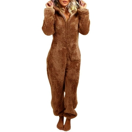 Women Fleece Pajama Adorable Long Pants Sleepwear Long Sleeve Pajama Jumpsuit M Coffee