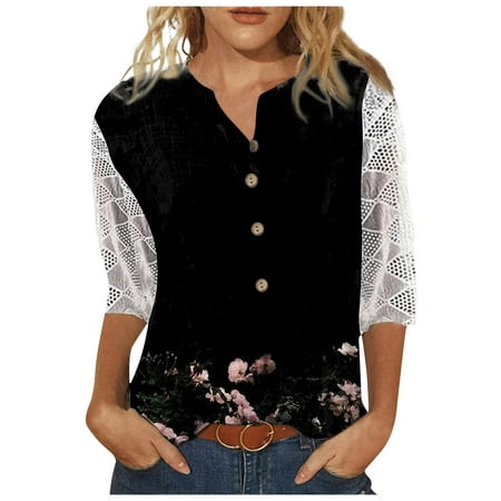

DENGDENG Womens 3/4 Length Sleeve Shirts Oversized Lace Tunic Business Casual Fall Henley Tops Boyfriend Outfits Floral Printed T Shirts Maternity Elbow Blouses V Neck Button UP Clothes Black M