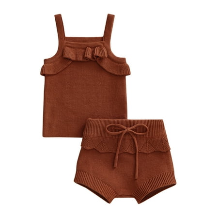 Karuedoo Newborn Baby Girl Knitted Clothes Set Ruffle Sleeveless Top Drawstring Shorts 2Pcs Casual Outfits Brown 0-6 Months
