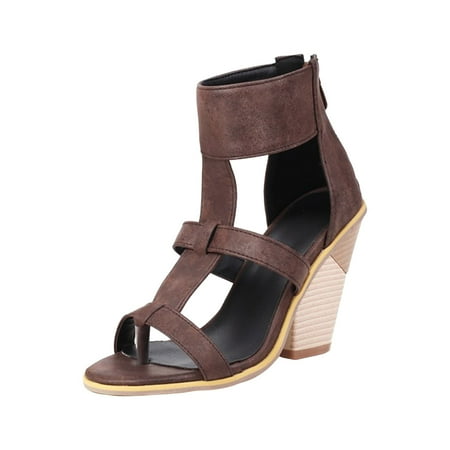 Chunky Heel Sandals for Women Cut Out Peep Toe Zipper Block Heel Sandals Summer Beach Dressy T-Strap Party High Heeled Sandals