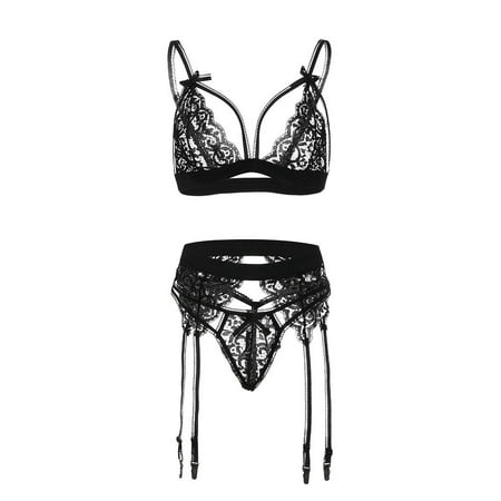 Fabiurt Women s Underwear New Lingerie Women Underwear Sleepwear Lace Bra Panties Garter Set Black